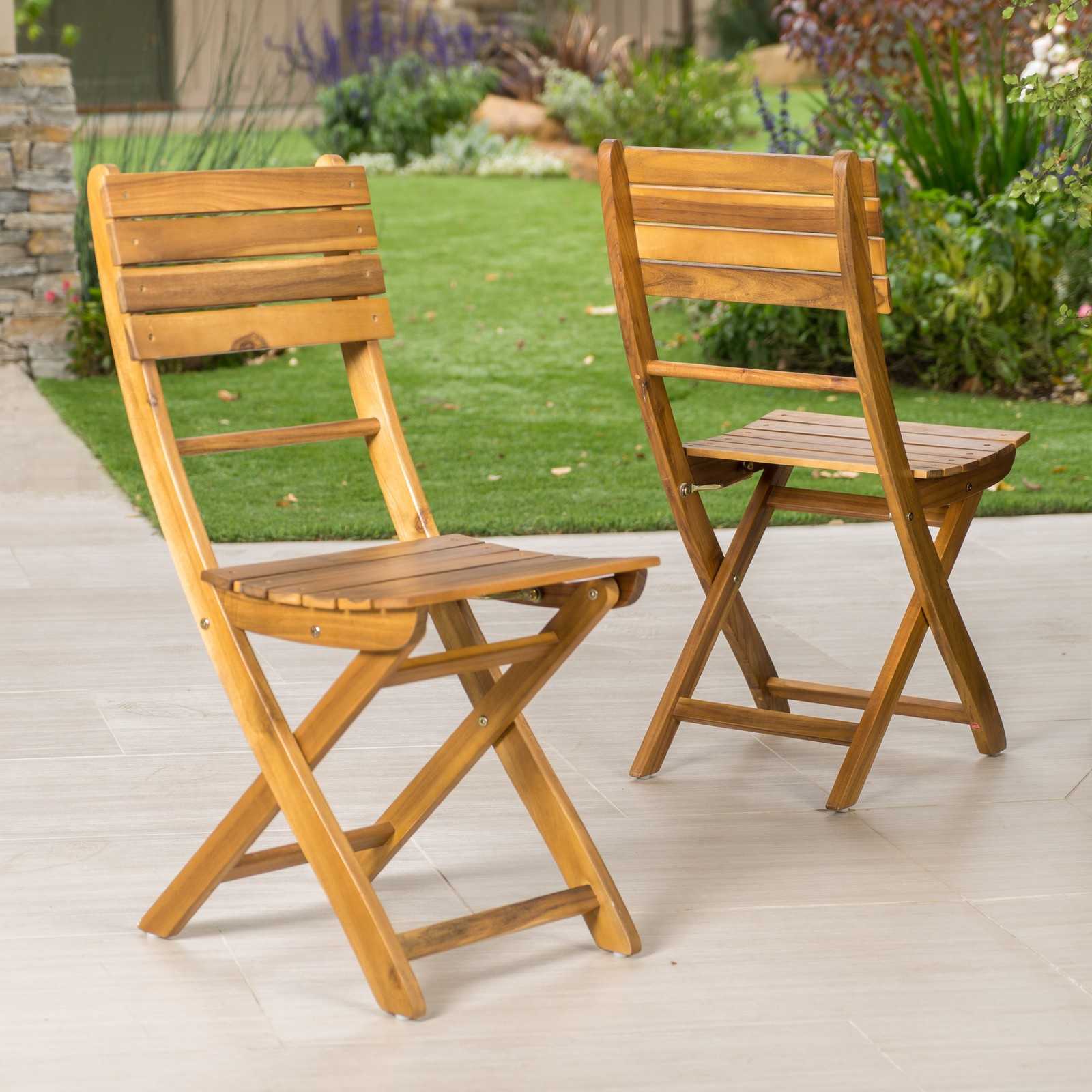 Set of 2 Natural Acacia Wood Folding Dining Chairs, Outdoor Patio Chairs