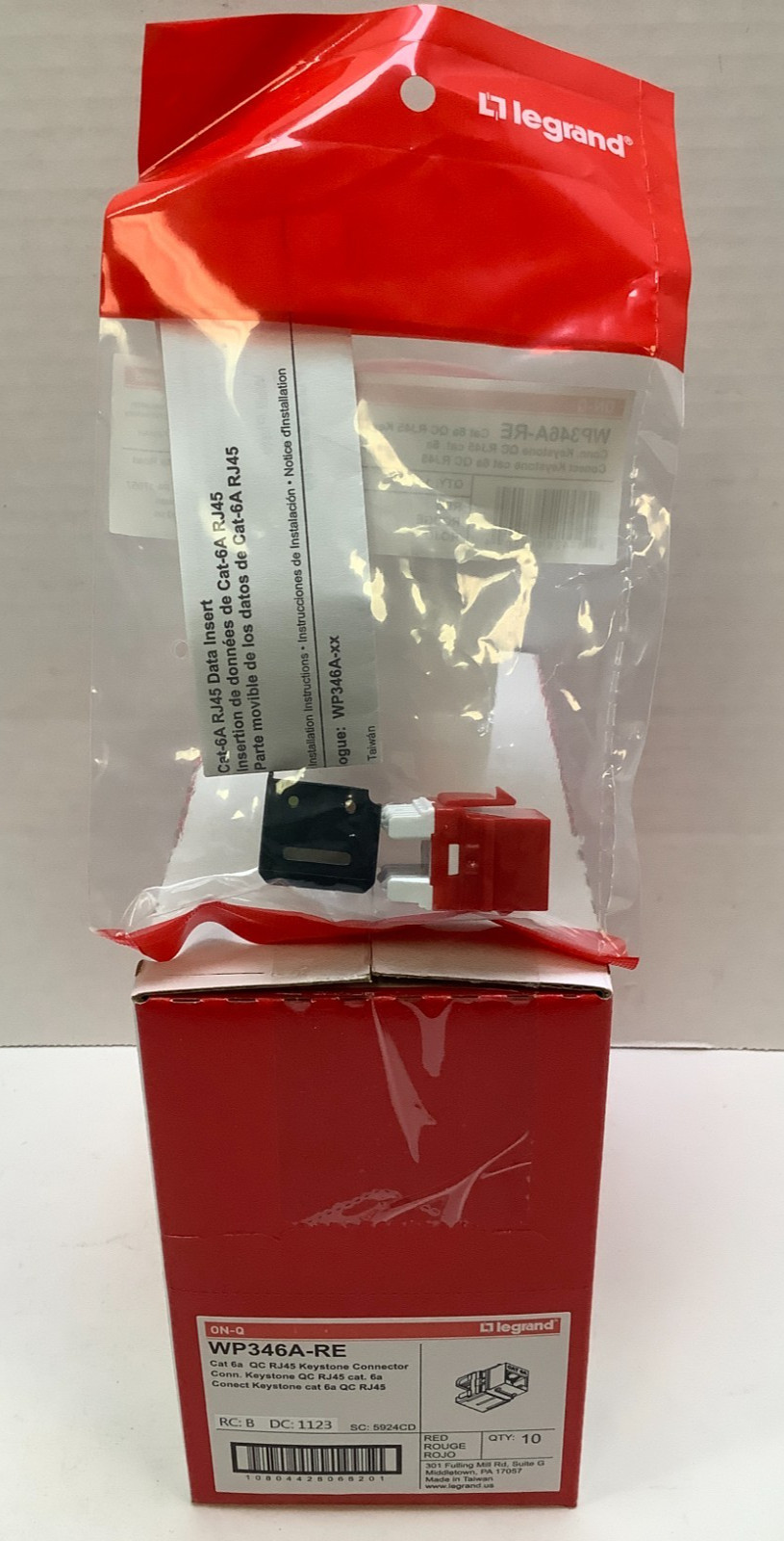 Legrand OnQ WP346ARE Cat 6a RJ45 Keystone Connector, Red, Case of 10