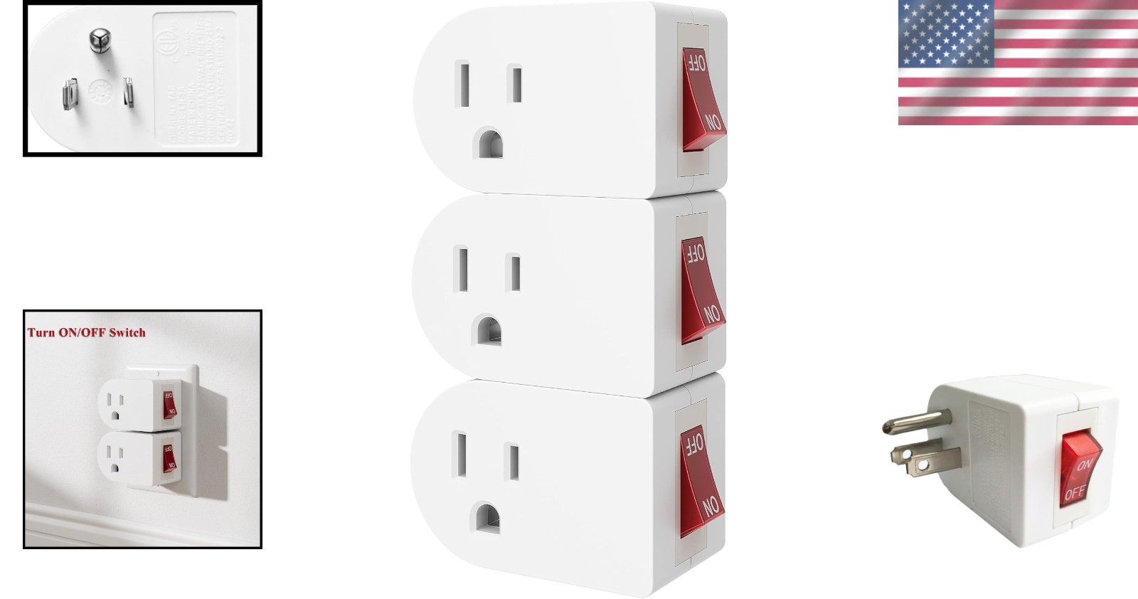 3 Pack Grounded Outlet Adapter with On/Off Power Switch - Energy Saving White