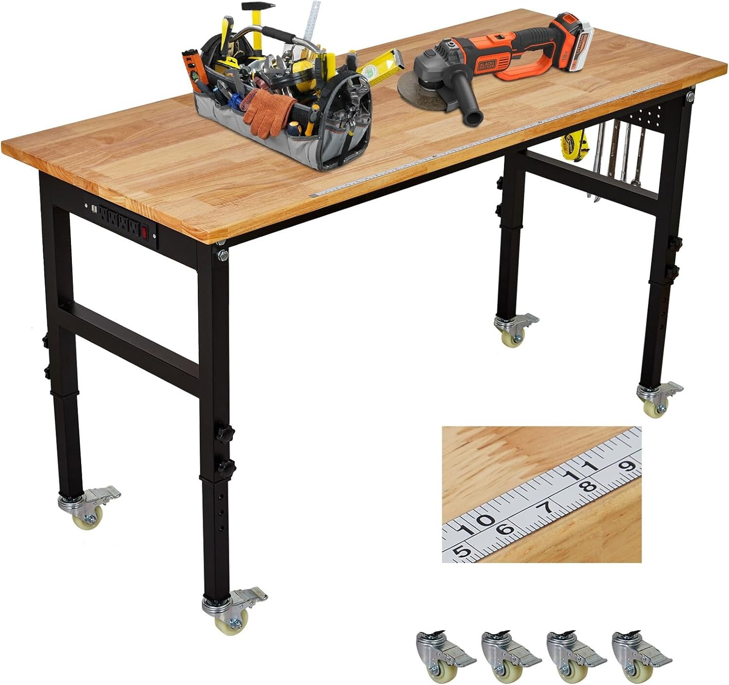 48" x 24" Adjustable Workbench with Power Outlet Scale Pegboard 6 Hooks 2200LBS