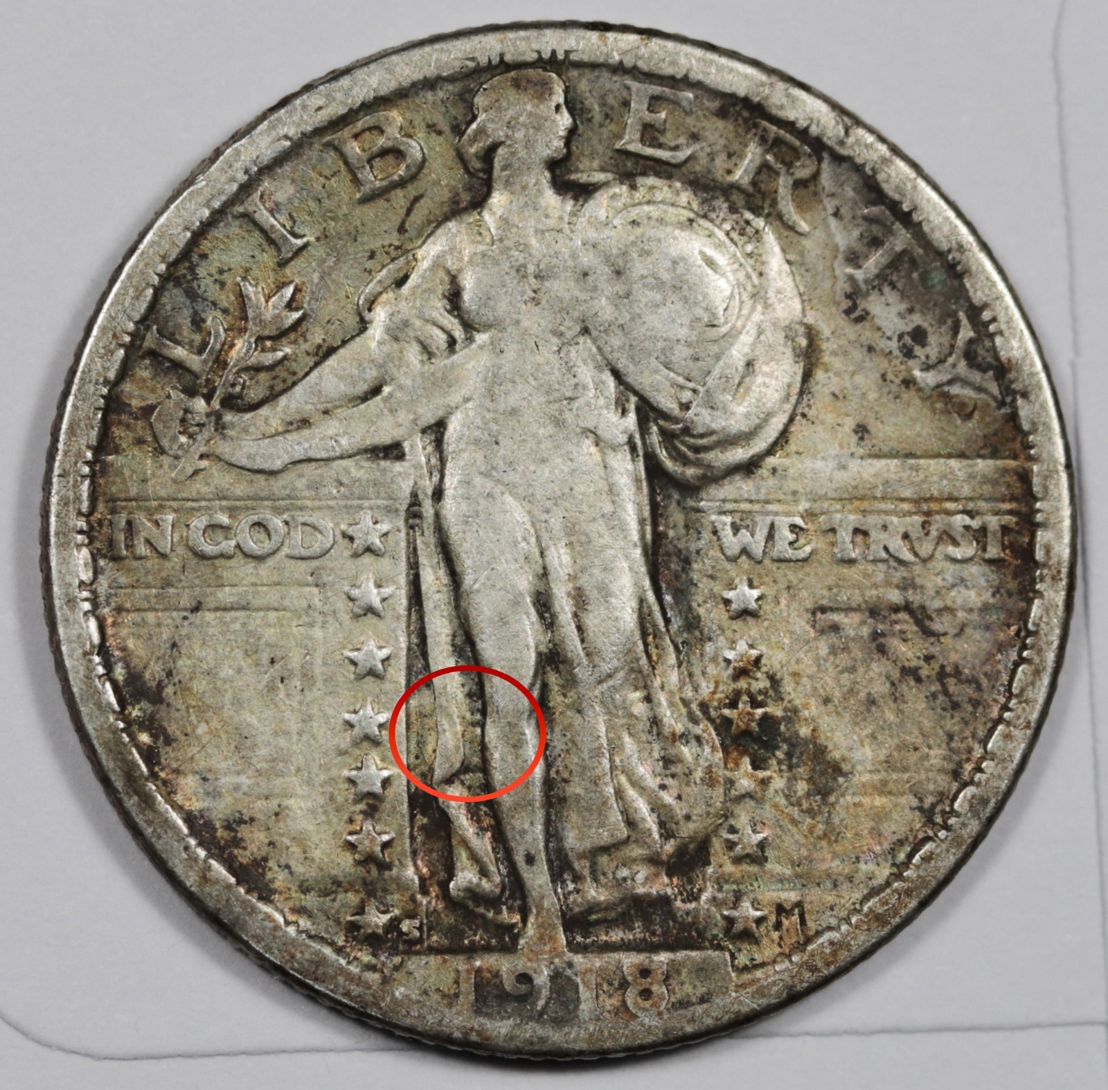 1918-s Standing Liberty Quarter.  Error Clashed "E".  VF.  207631