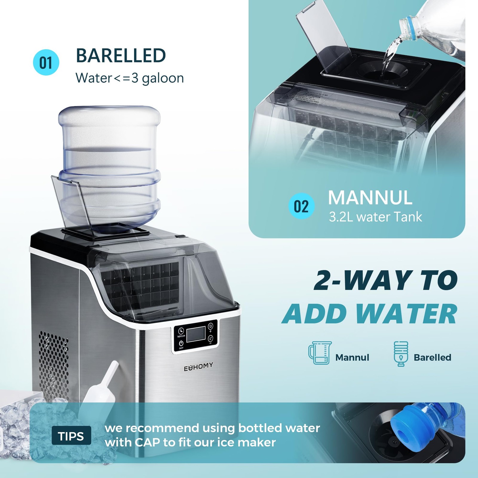 Ice Cube Maker Machine Countertop, 2 Ways to Add Water, 45Lbs/Day 24 Pcs Read...