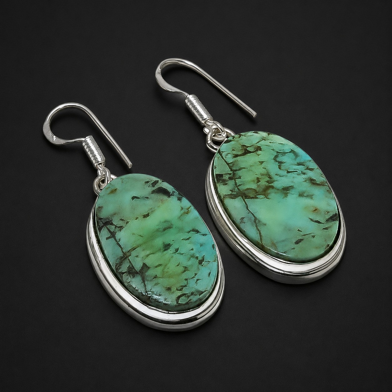 Tibetan Turquoise 925 Sterling Silver Oval Gemstone Jewelry Earring 1.7" RP 1549