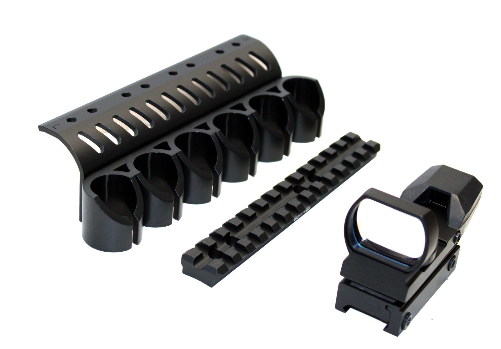 Mossberg 500 12 gauge pump picatinny rail shell carrier and reflex sight combo.