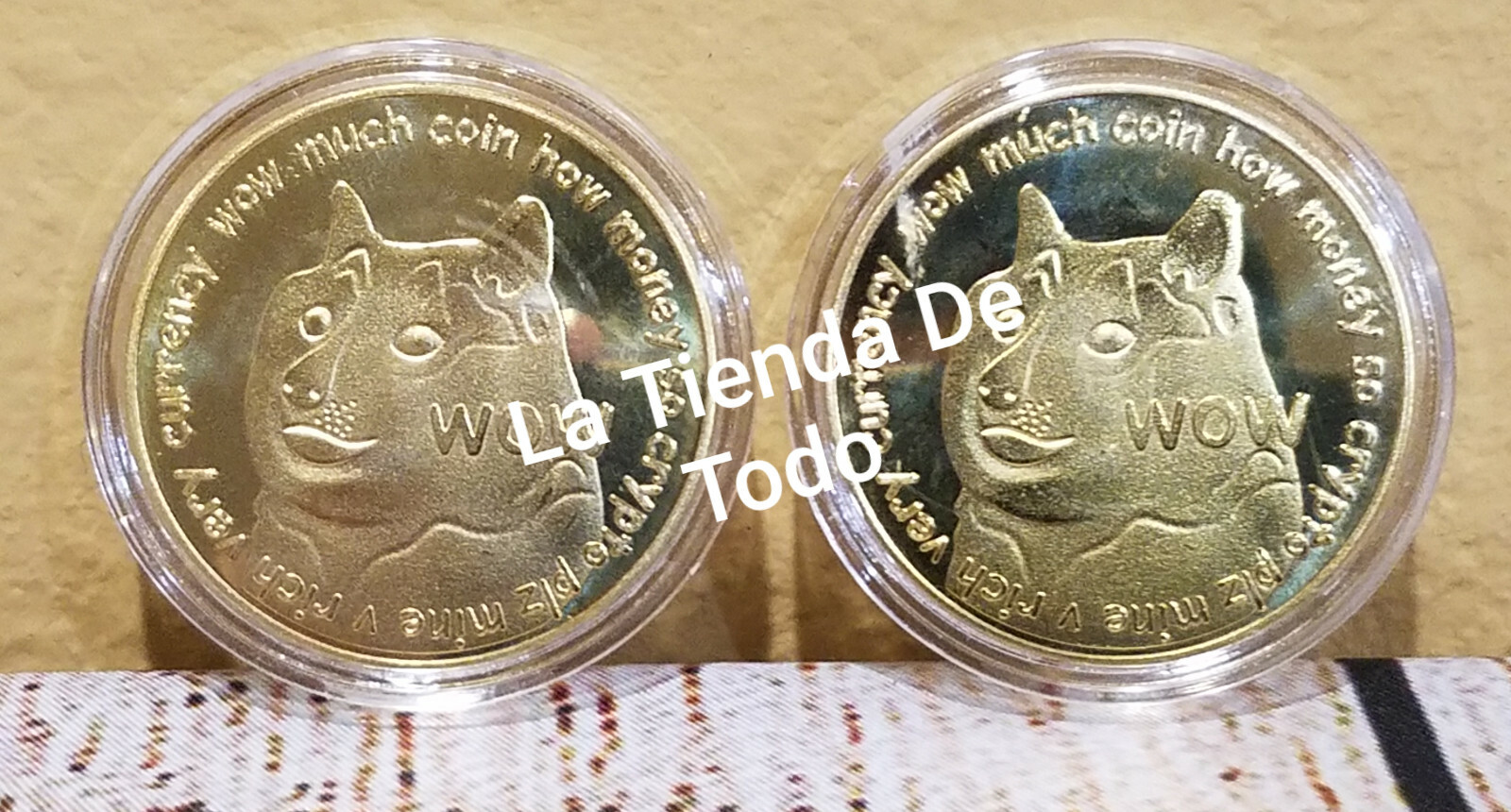 2 METAL GOLD PLATED DOGE COINS DOGECOIN CRIPTO CURRENCY COLLECTIBLE NOVELTY READ