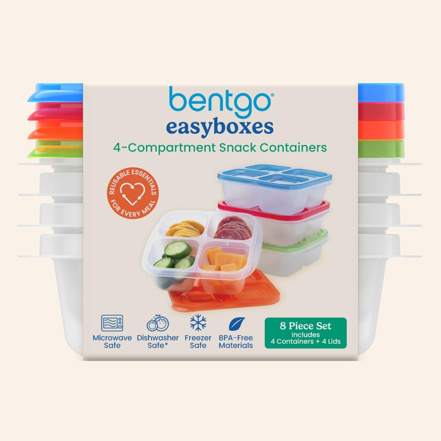 Easyboxes 4-Compartment Snack Containers - 8-Piece Set with 4 Trays & 4 Custo...