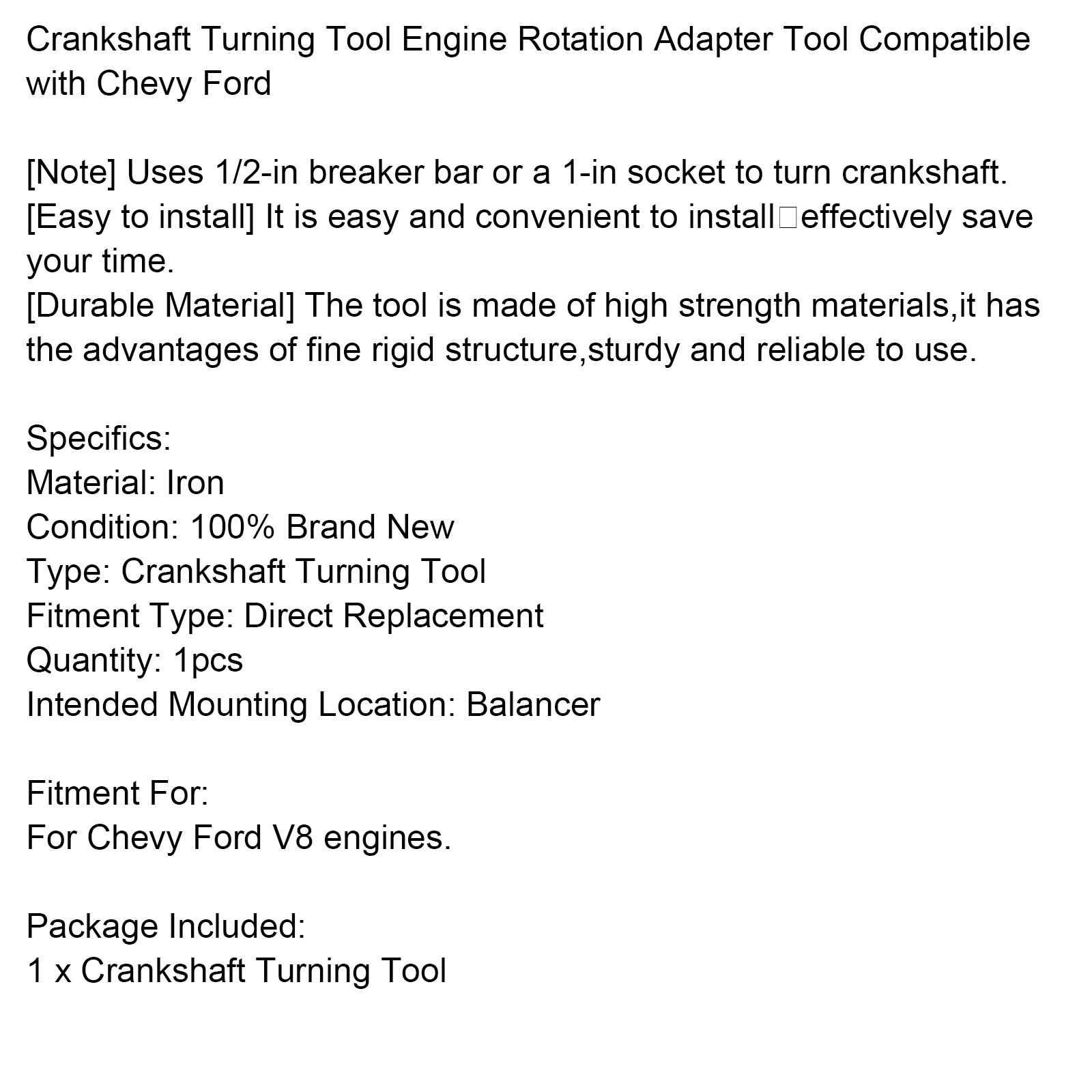 Crankshaft Turning Tool Engine Rotation Adapter Tool For Chevy Ford V8 engines.