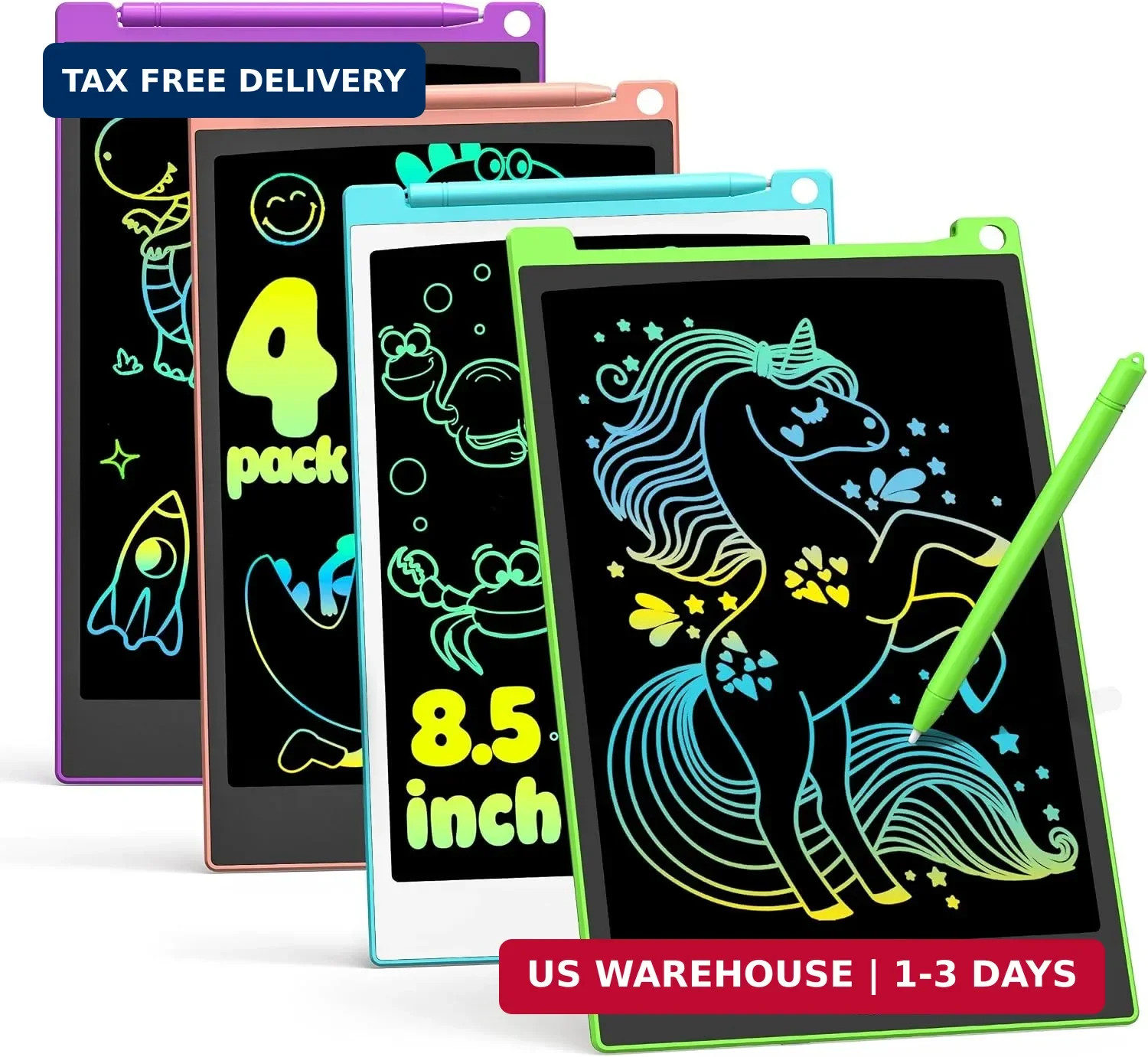 TECJOE 4 Pack LCD Writing Tablet, 8.5 Inch Colorful Drawing Board, Kids Travel G