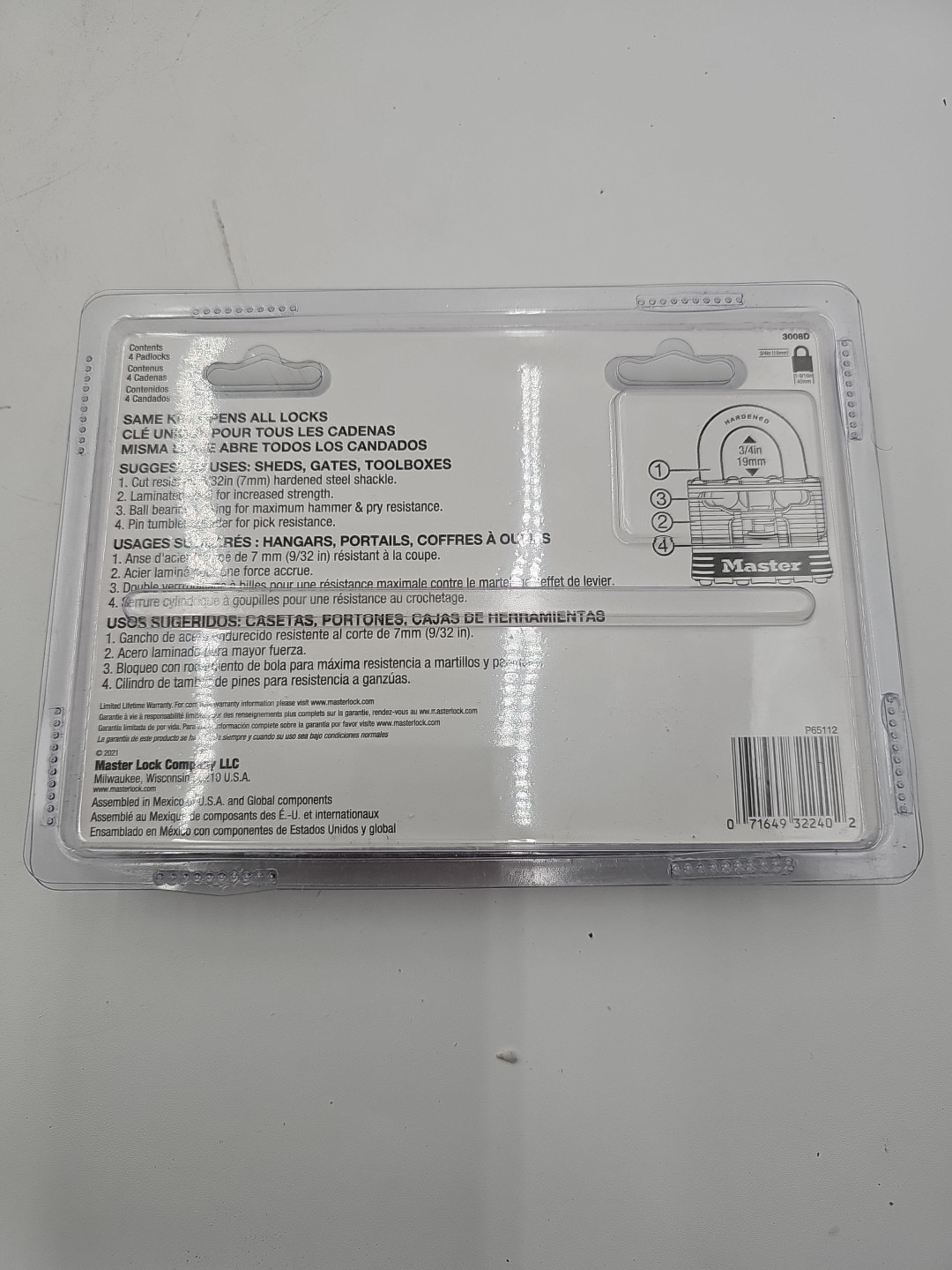Master Lock ‎3008D 3/4in Keyed Padlock pack of 4 - Silver
