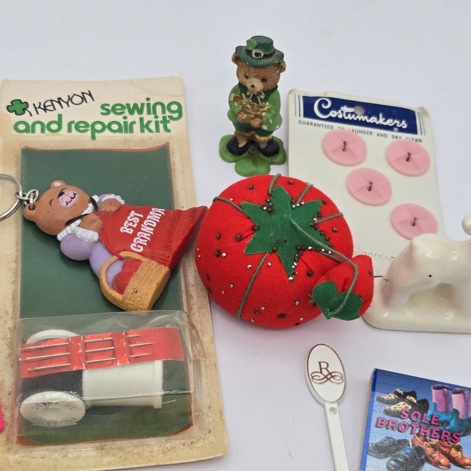 Grandmas Vintage Junk Drawer Lot Figurines Sewing Kit Buttons