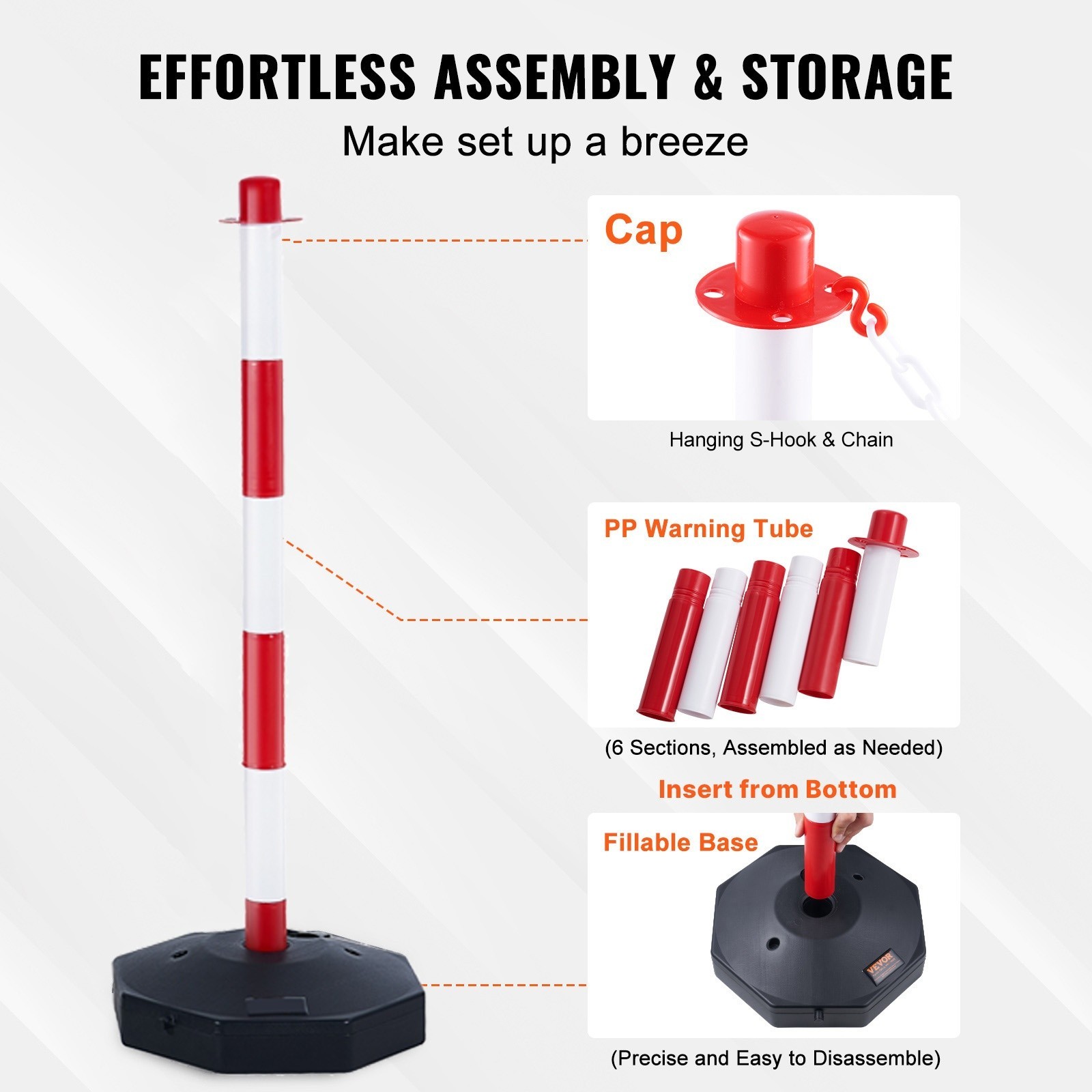 6PCs Traffic Delineator Post Cones with Fillable Base 6.6 FT Chain