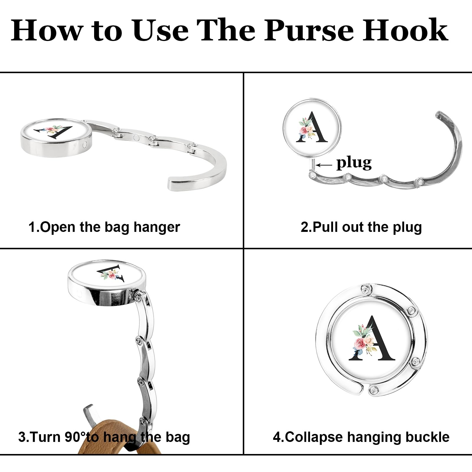 3Pcs Personalized Initial Foldable Purse Hook for Table,Crushed Flower Letter...
