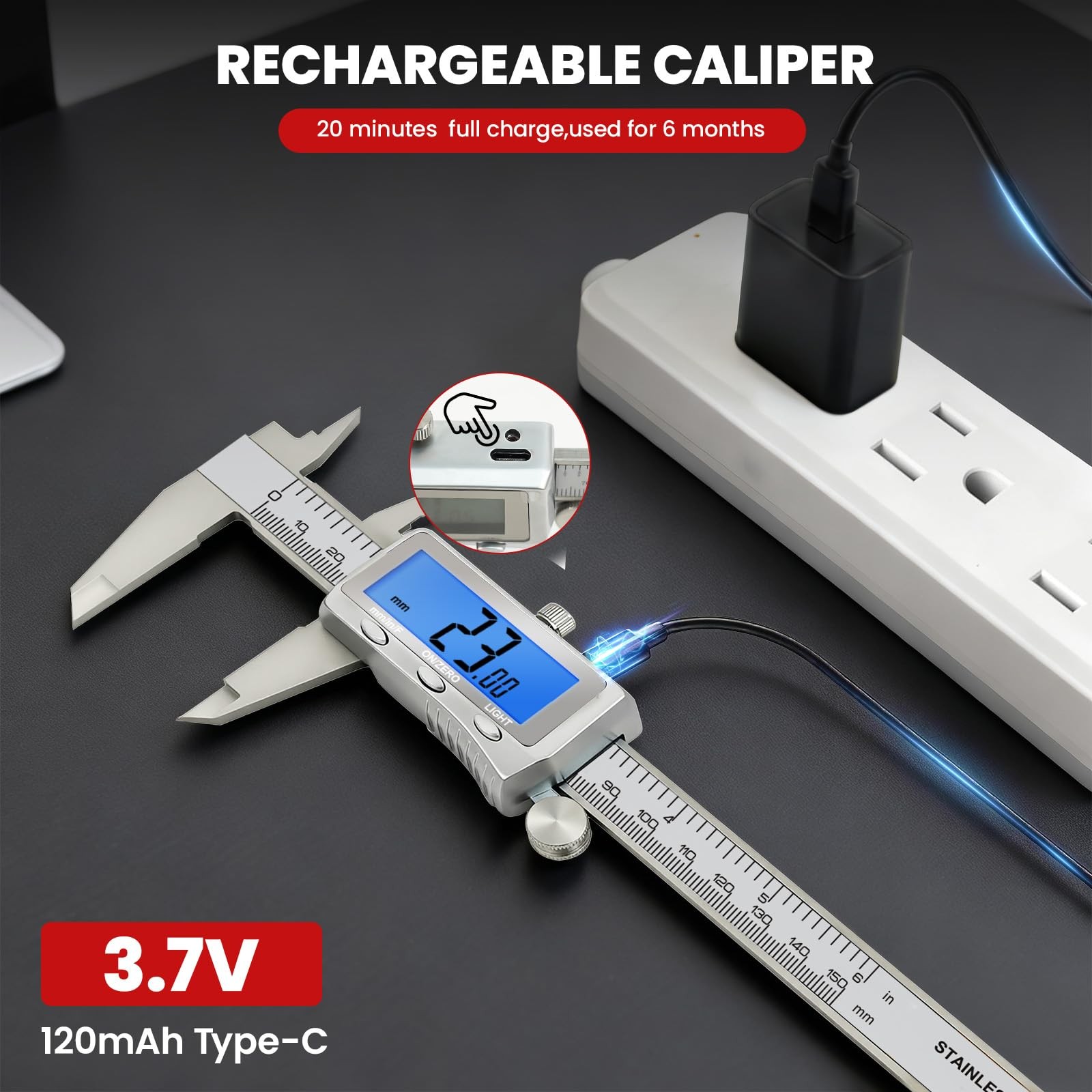 Digital Caliper 6 Inch, Rechargeable Calipers Tool with Backlight LCD 6In