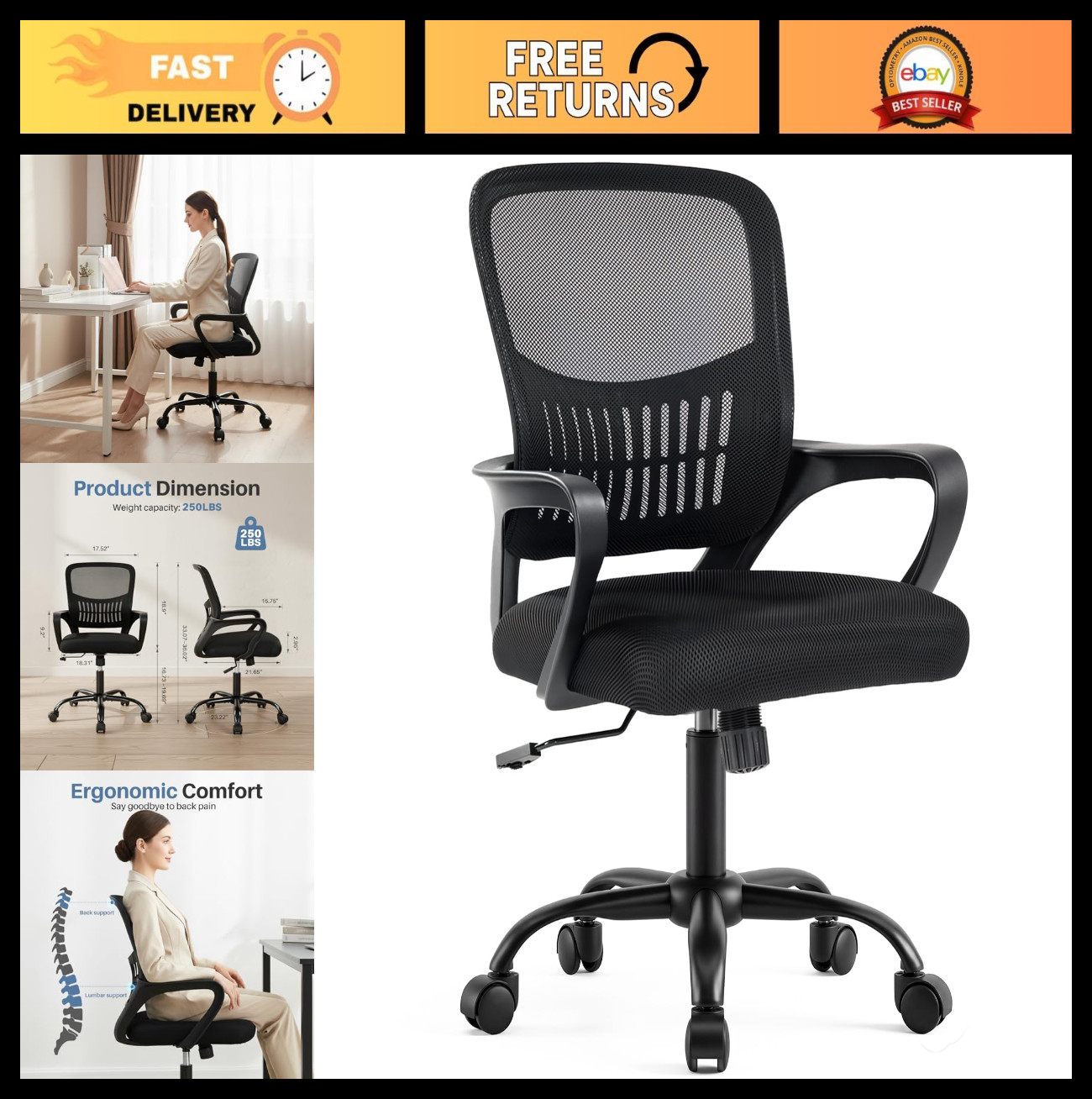 Ergonomic Mid Back Office Desk Chair with Lumbar Support, Adjustable Height, 360