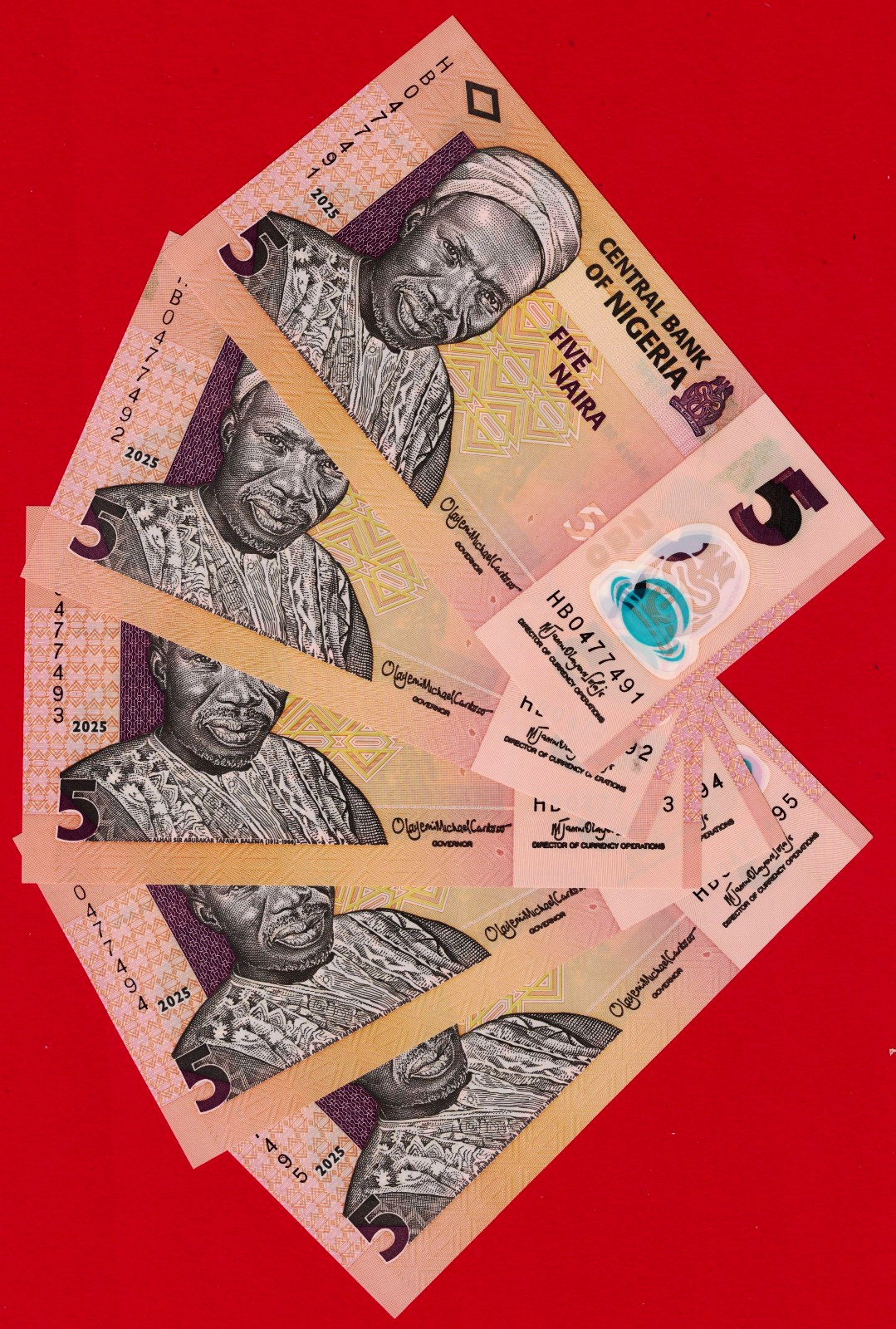 NIGERIA LOT of 5 x FIVE NAIRA 2025 UNC POLYMERS - Sign: Cardoso & Solaja (P-38o)