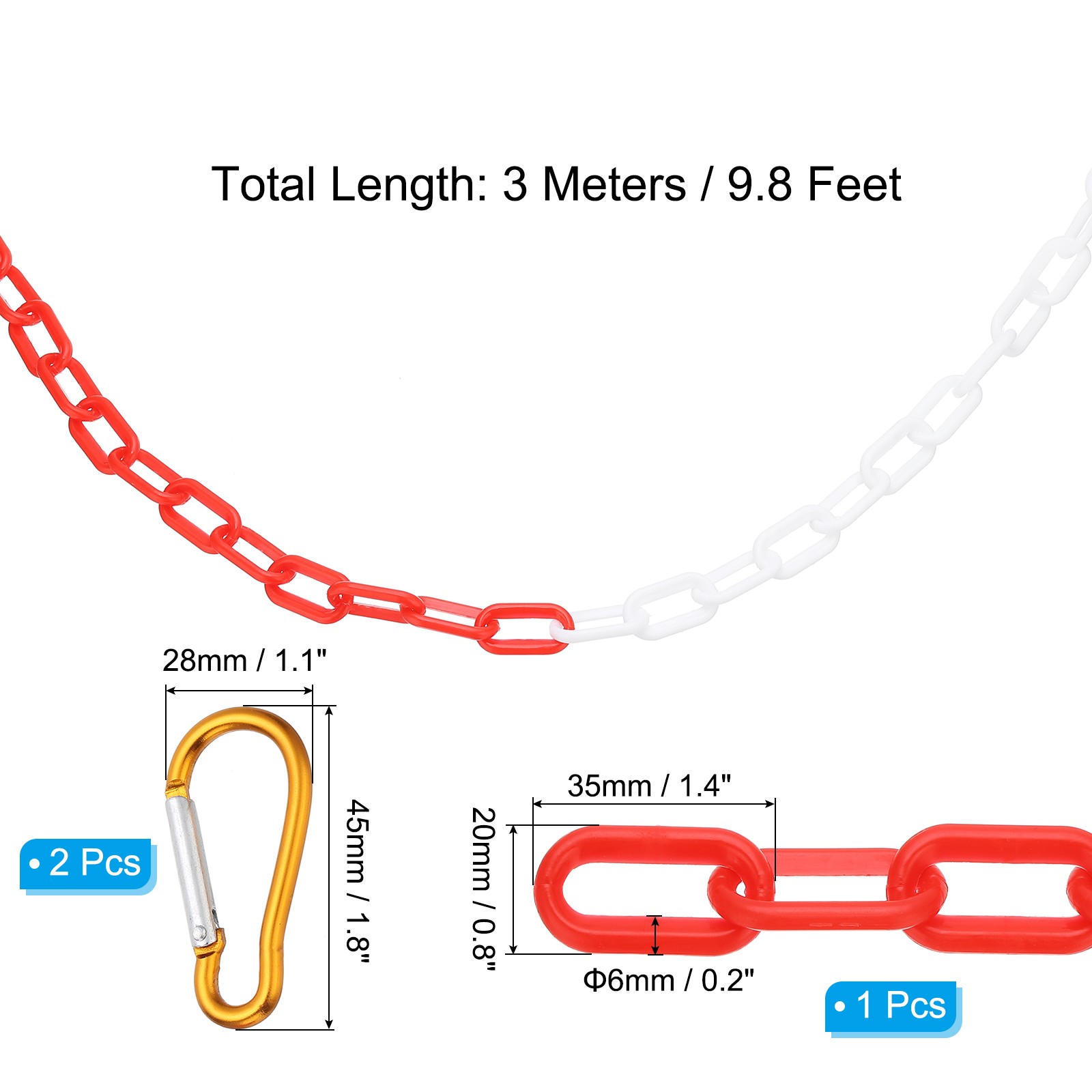 10Ft Plastic Safety Barrier Chain 2 Hooks, Red White