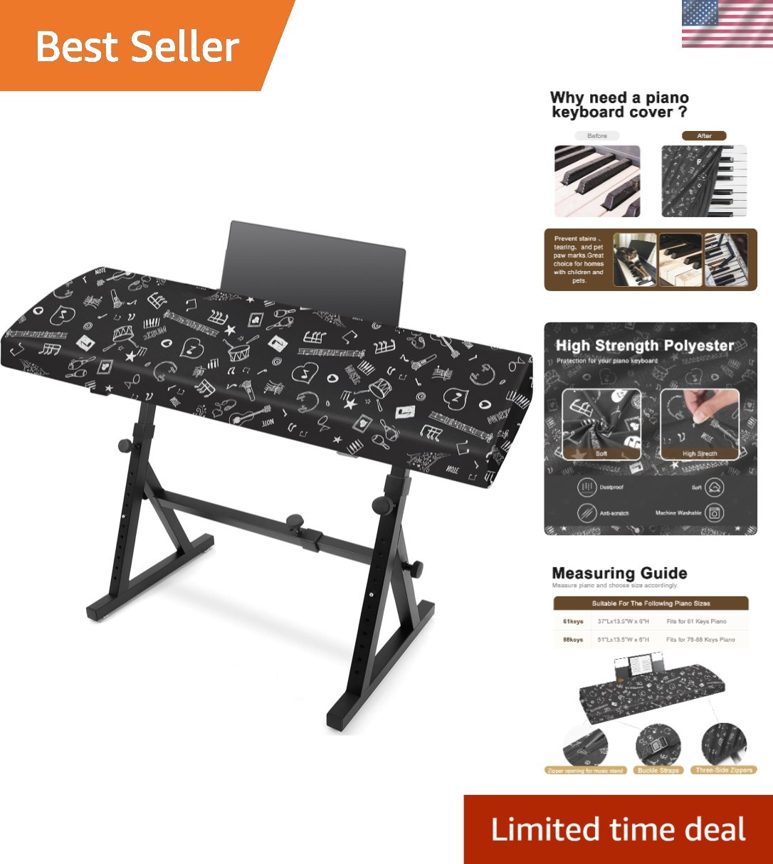 Fashionable Stretchy Piano Keyboard Cover - Zippered for 61 Keys, Music Symbols