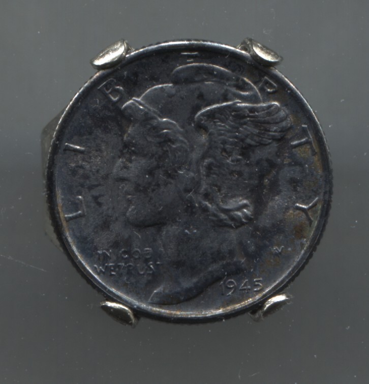 1945 Mercury Dime Original Vintage Ring with Black Toning