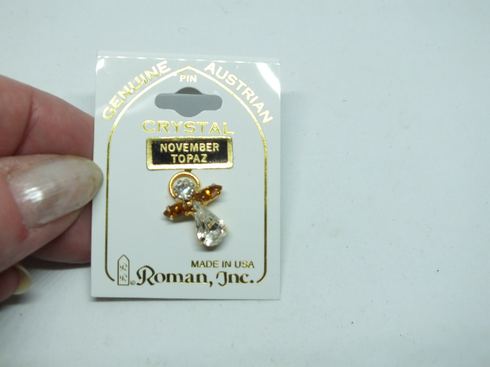 Beautiful Brooch Gold Tone Angel Austrian Crystal November Topaz Org Card