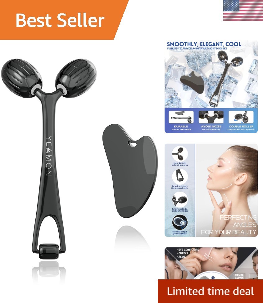 Luxury Skincare Solution: Cooling Face Roller & Gua Sha Massage Set in Gunmetal
