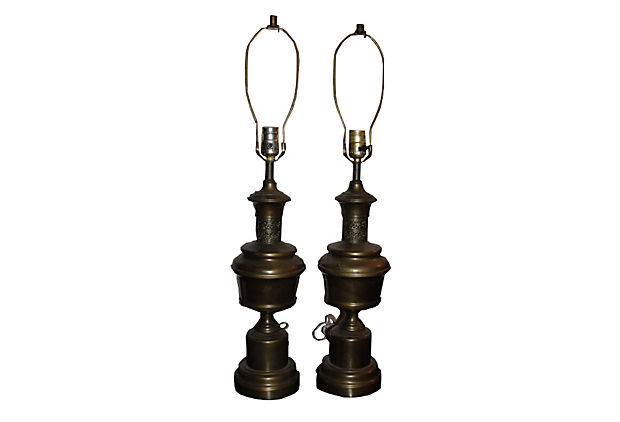 Antiqued Brass Cut Out Lamps, Pair