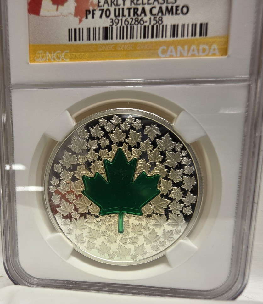 2014 Canada Silver Maple Leaf Impression Green Enamel NGC PF70UC -