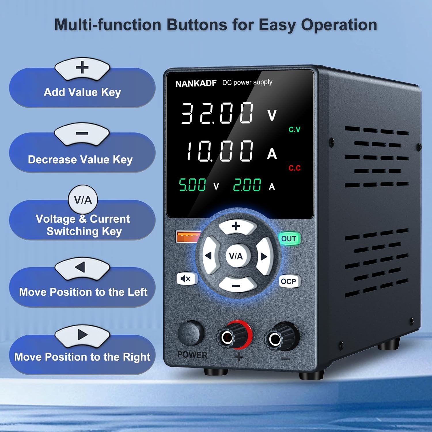 DC Power Supply, Variable Power Supply with Output Button, USB Fast Charging ...
