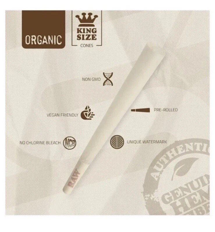 RAW ORGANIC KING size pre rolled cone AUTHENTIC + Raw Three Tree Cone Case