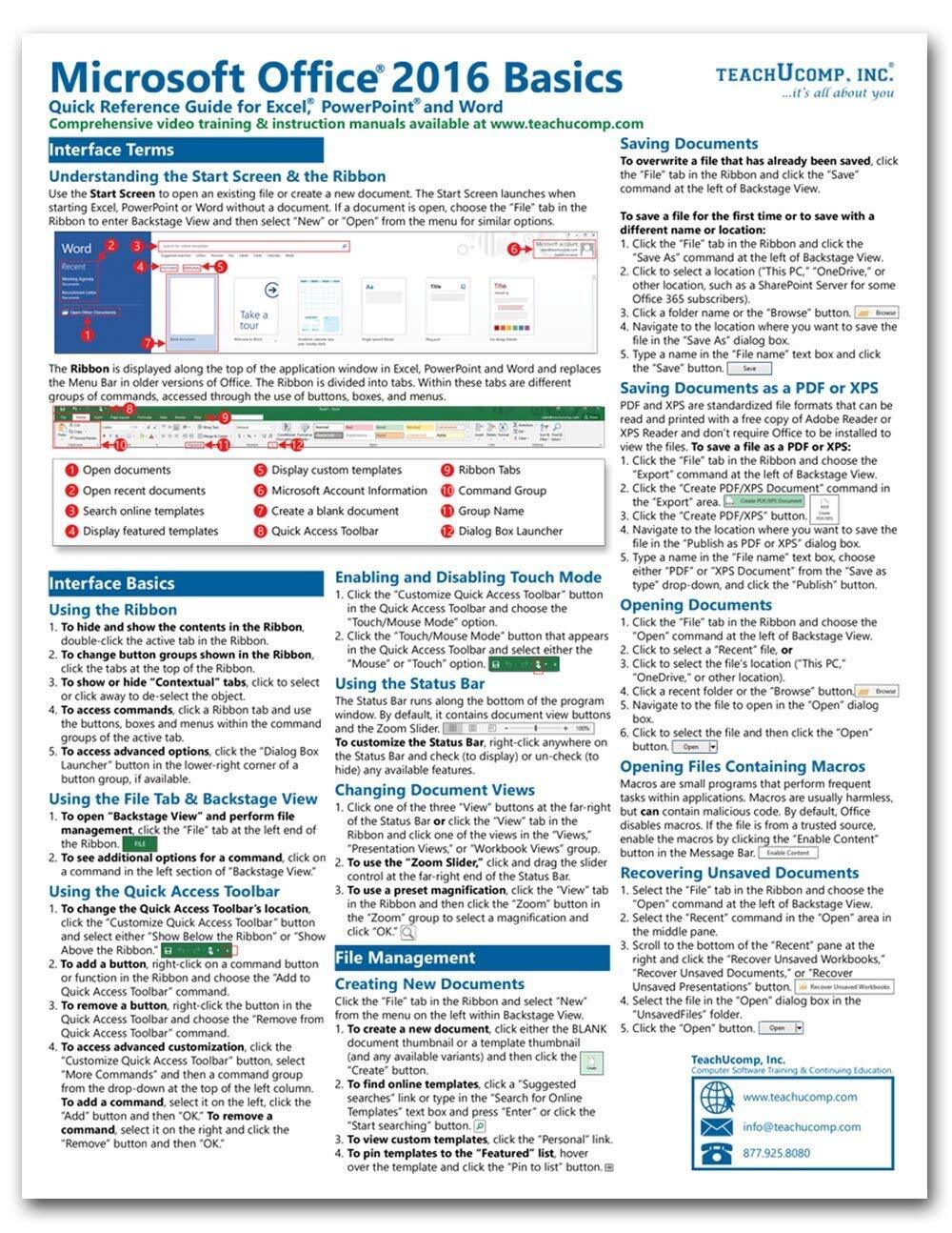 Microsoft Office 2016 Training Guide Quick Reference Card 2 Page Cheat Sheet
