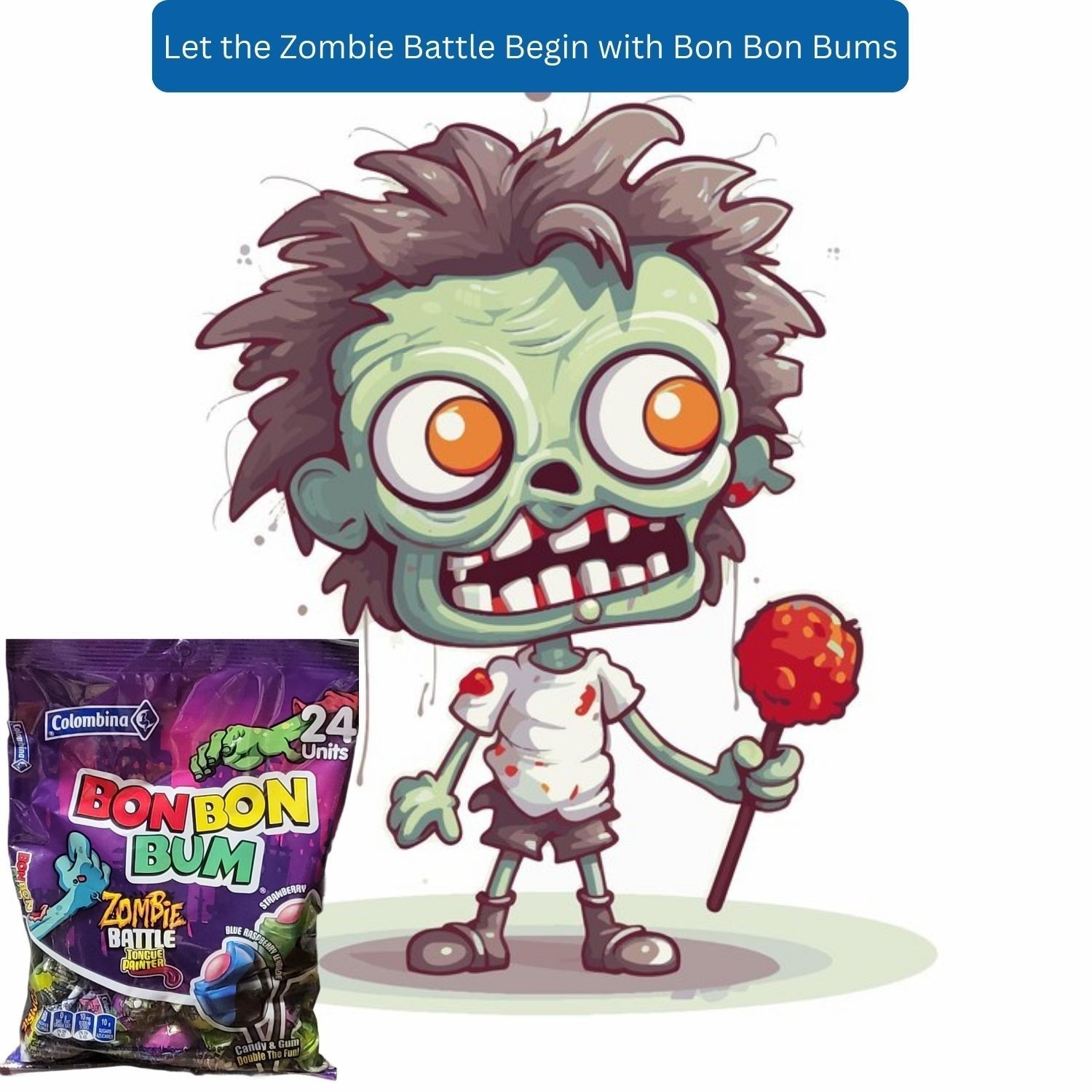Bon Bon Bum Zombie Battle Tongue Painter Lollipops – Assorted Flavors - 24 Pack