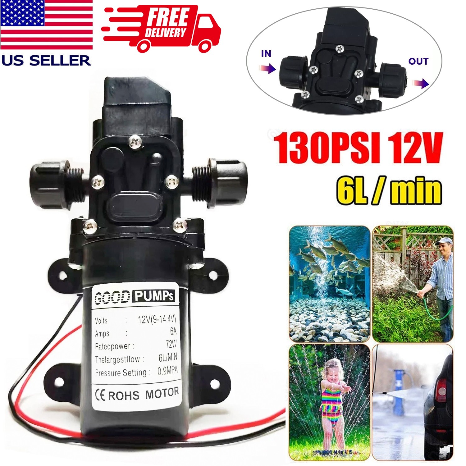 12V Water Pump 130PSI Self Priming Pump Diaphragm High Pressure Automatic Switch