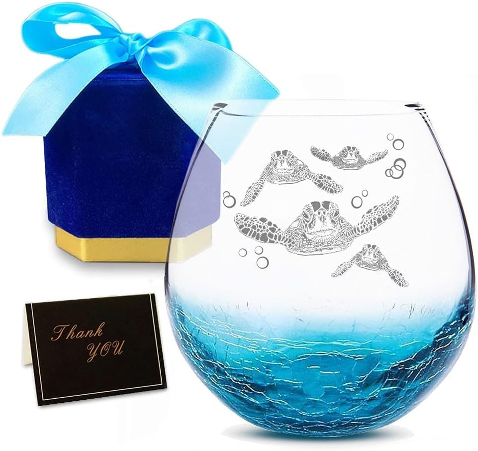 Sea Turtle Wine Glass 18 Ounces Handblown Engraved Crackle Turquoise Gift Box