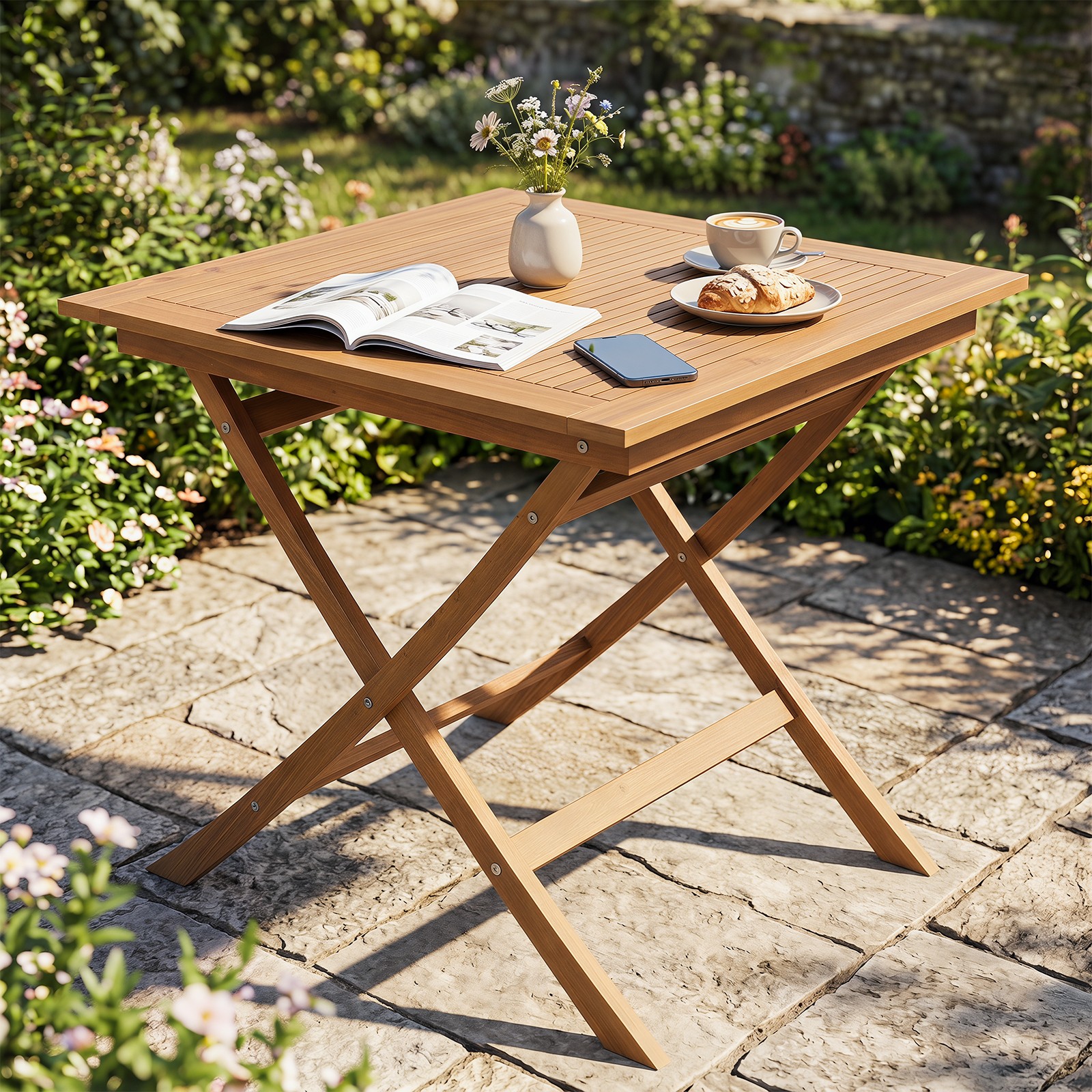 Solid Teak Wood Folding Outdoor Table, 32-Inch Square Patio Dining Table for 4