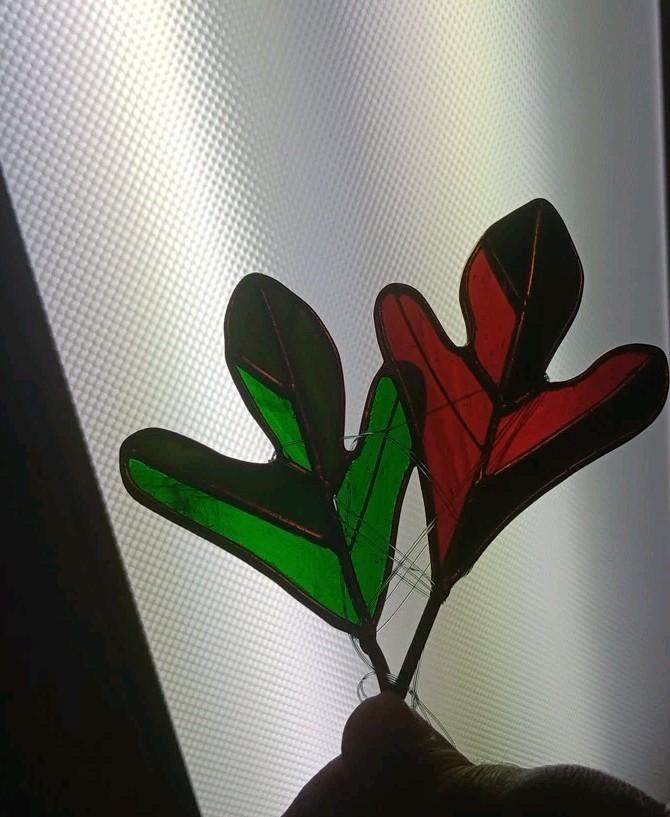 Vintage Art Suncatcher Stained Glass Or Faux Two Oak Leaves Handmade Decor