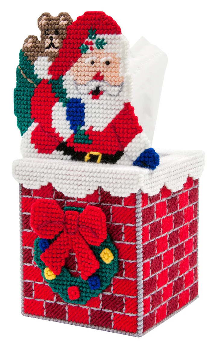 New Mary Maxim Santa Down the Chimney Christmas Tissue Box Cover Plastic Canvas