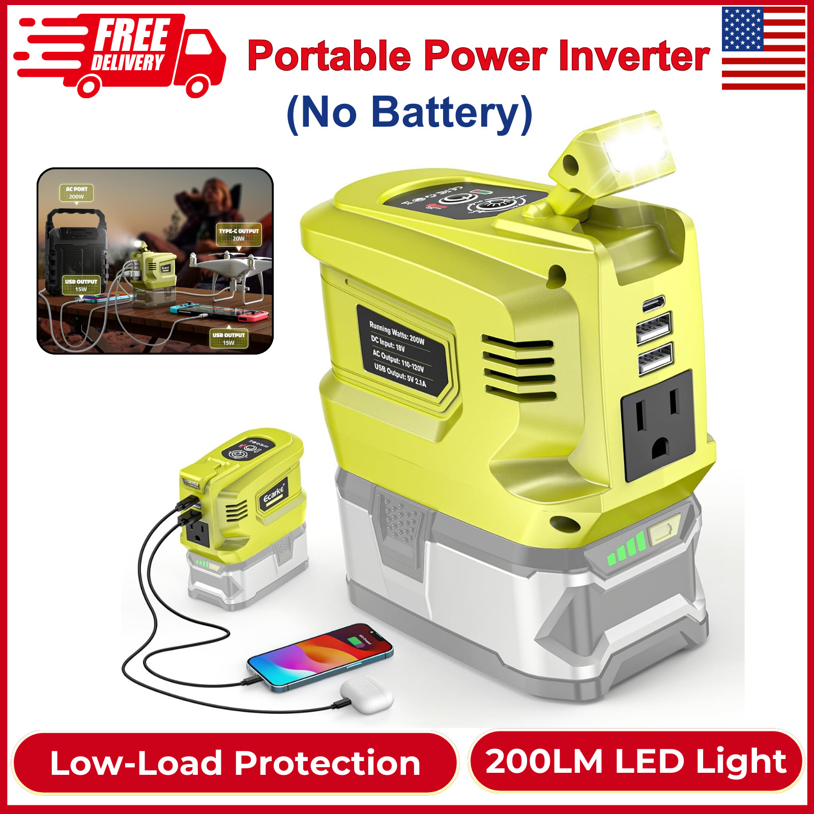200W Portable Power Inverter For Ryobi DC 18V to AC 110V Converter (No Battery)