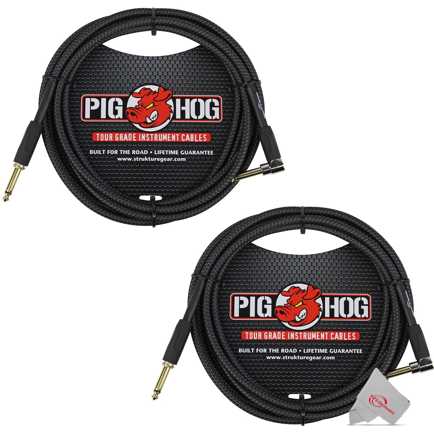 Pig Hog Black Woven Instrument Cable 1/4" to 1/4" Right Angle 10ft - 2 Count