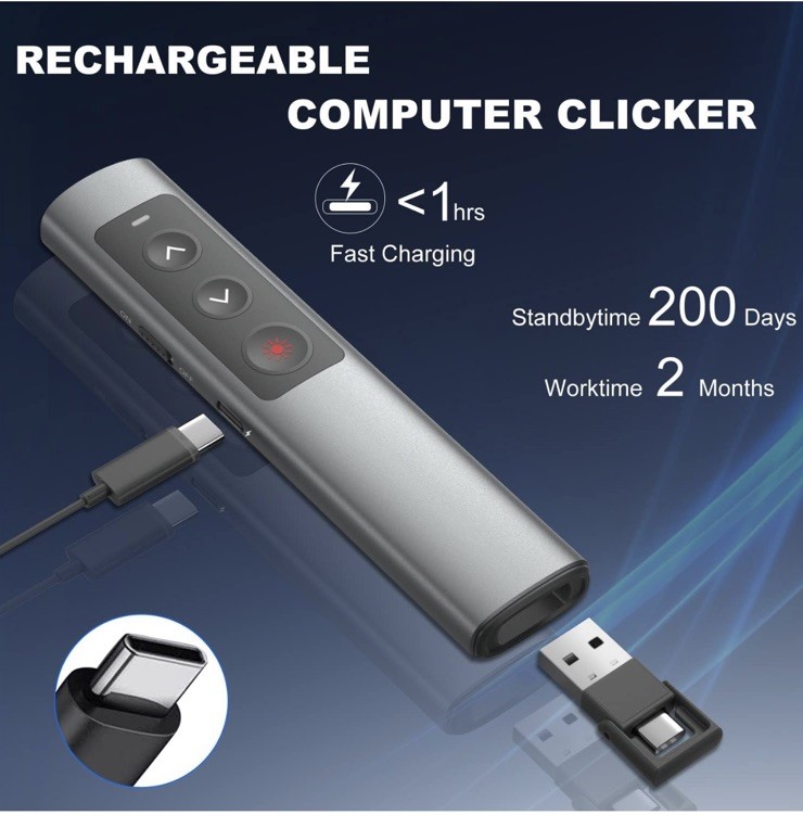 Wireless Presenter Remote Clicker for PowerPoint Keynote Mac PC Laptop USB-C Red