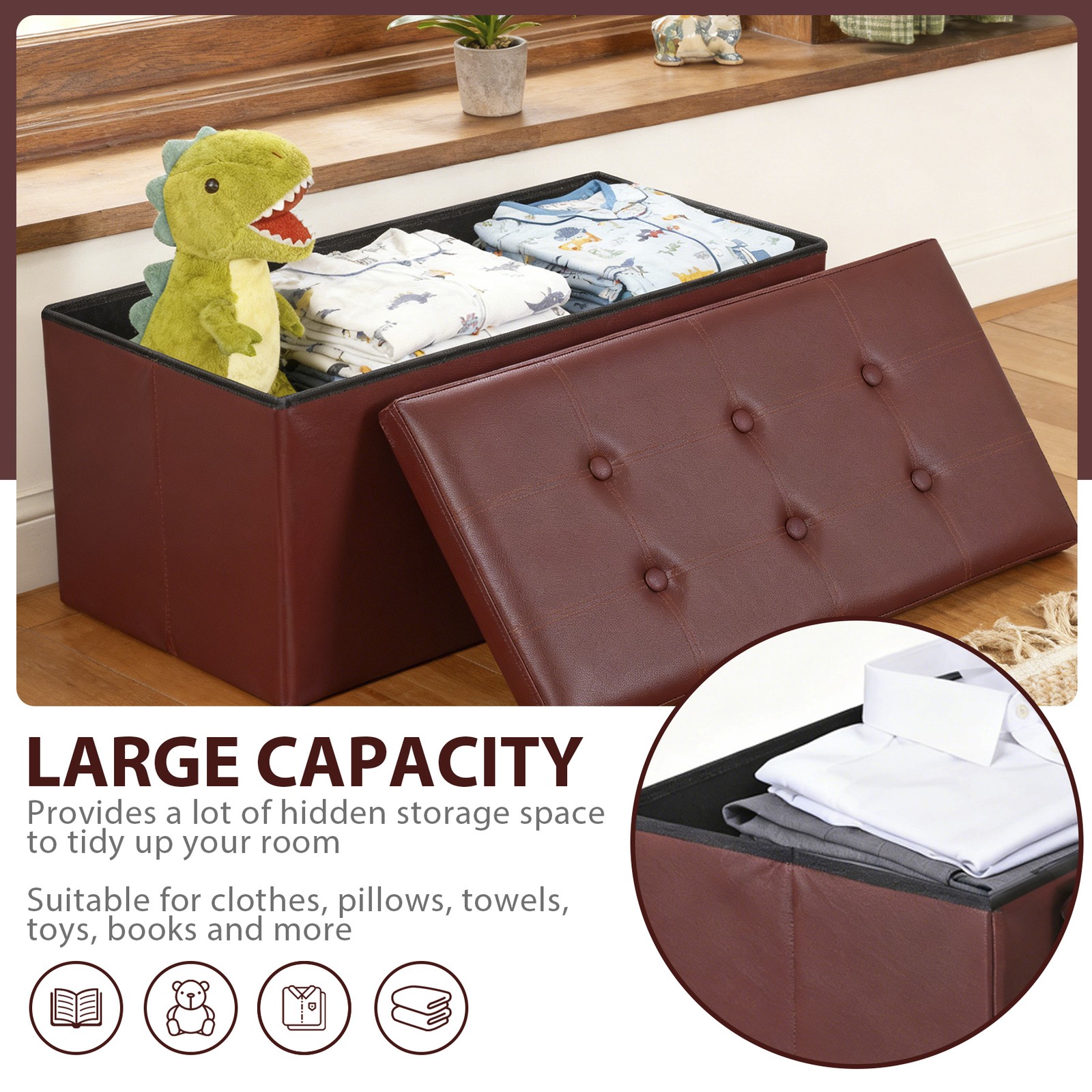 Brown Sturdy Ottomans Foot Bench Foldable Storage Footstools Spacious Organizer