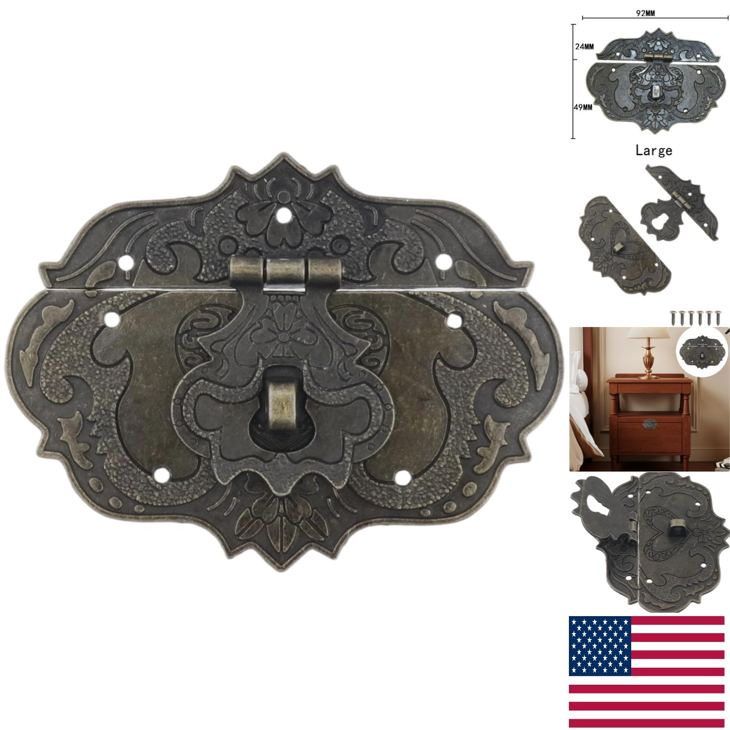 Antique Bronze Latch Clasp - Elegant 3.6"x2.9" Zinc Alloy Lock for Wooden Boxes