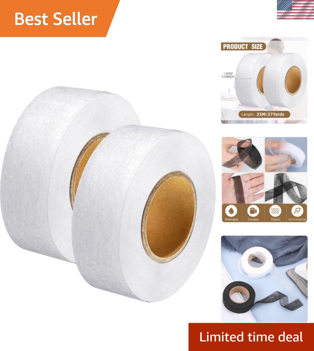 Outus Iron-On Adhesive Fabric Hem Tape – 2 Rolls, 1/2 Inch, 27 Yards Each