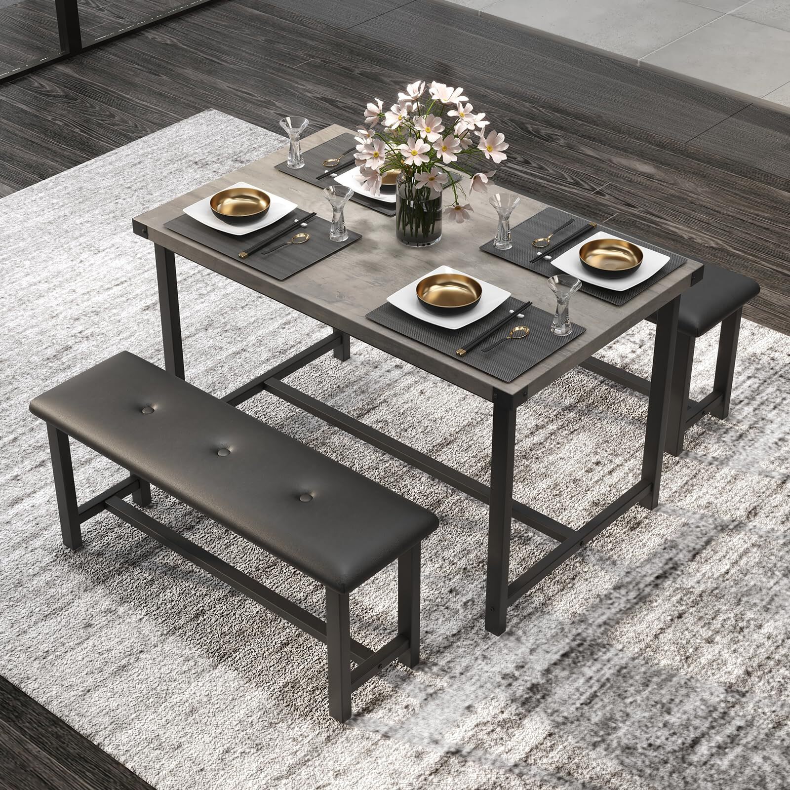 📶Kitchen Table Set with 2 Benches Rectangular Dining Table for 4 Upholstered