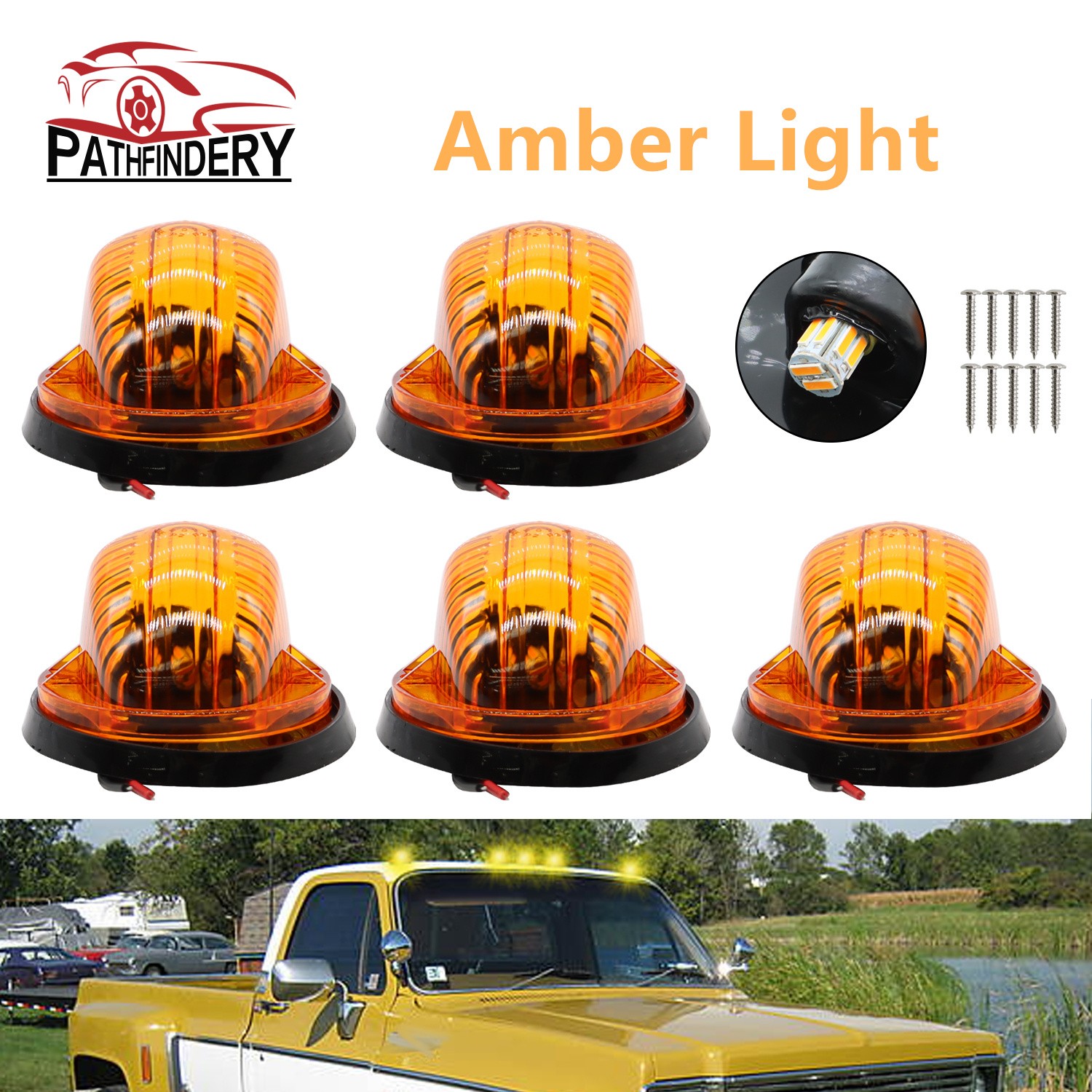 5Pcs For 73-87 Chevy GMC C/K Series Roof Top Cab Lights Amber Marker + 194 LED