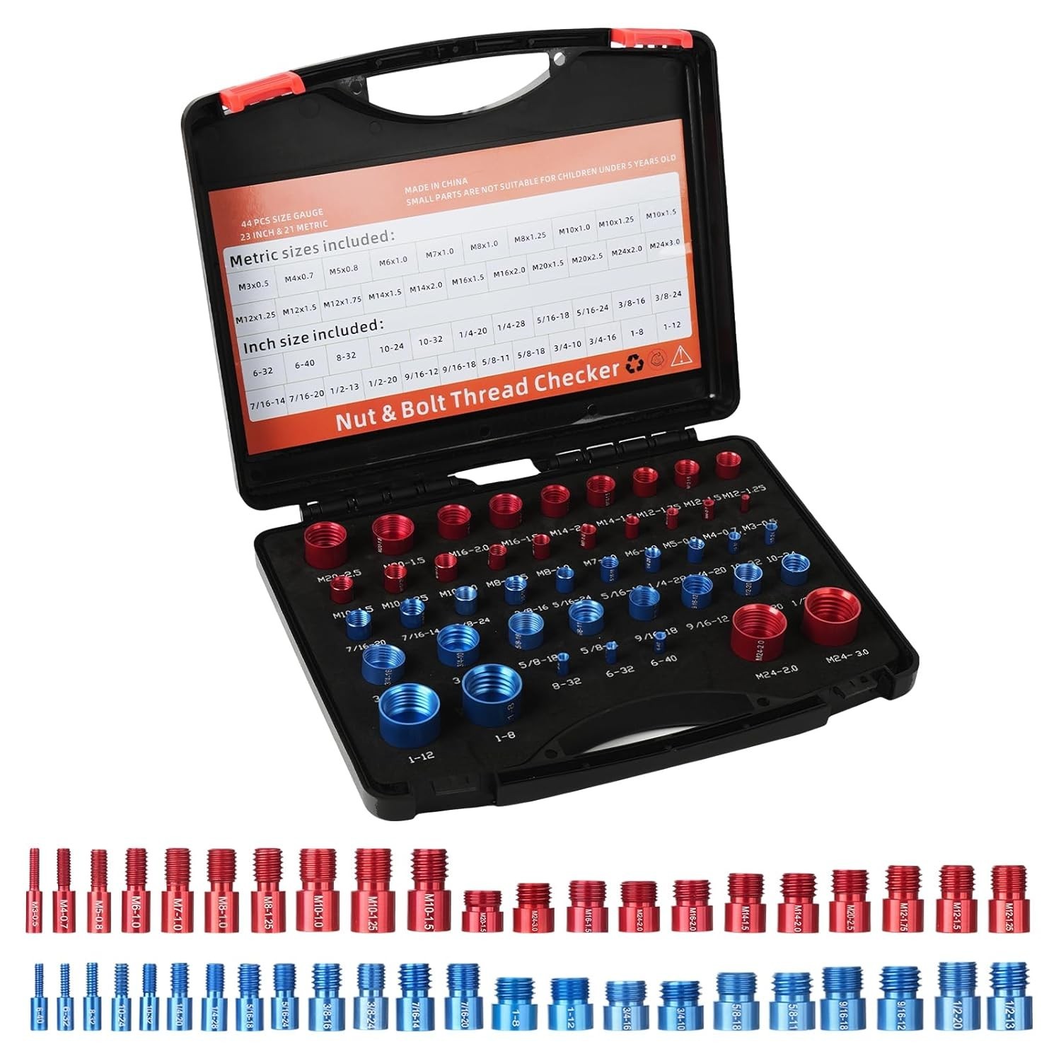 44pcs Inch & Metric Set Nut & Bolt Thread Checker Identifier Thread Gauges Box