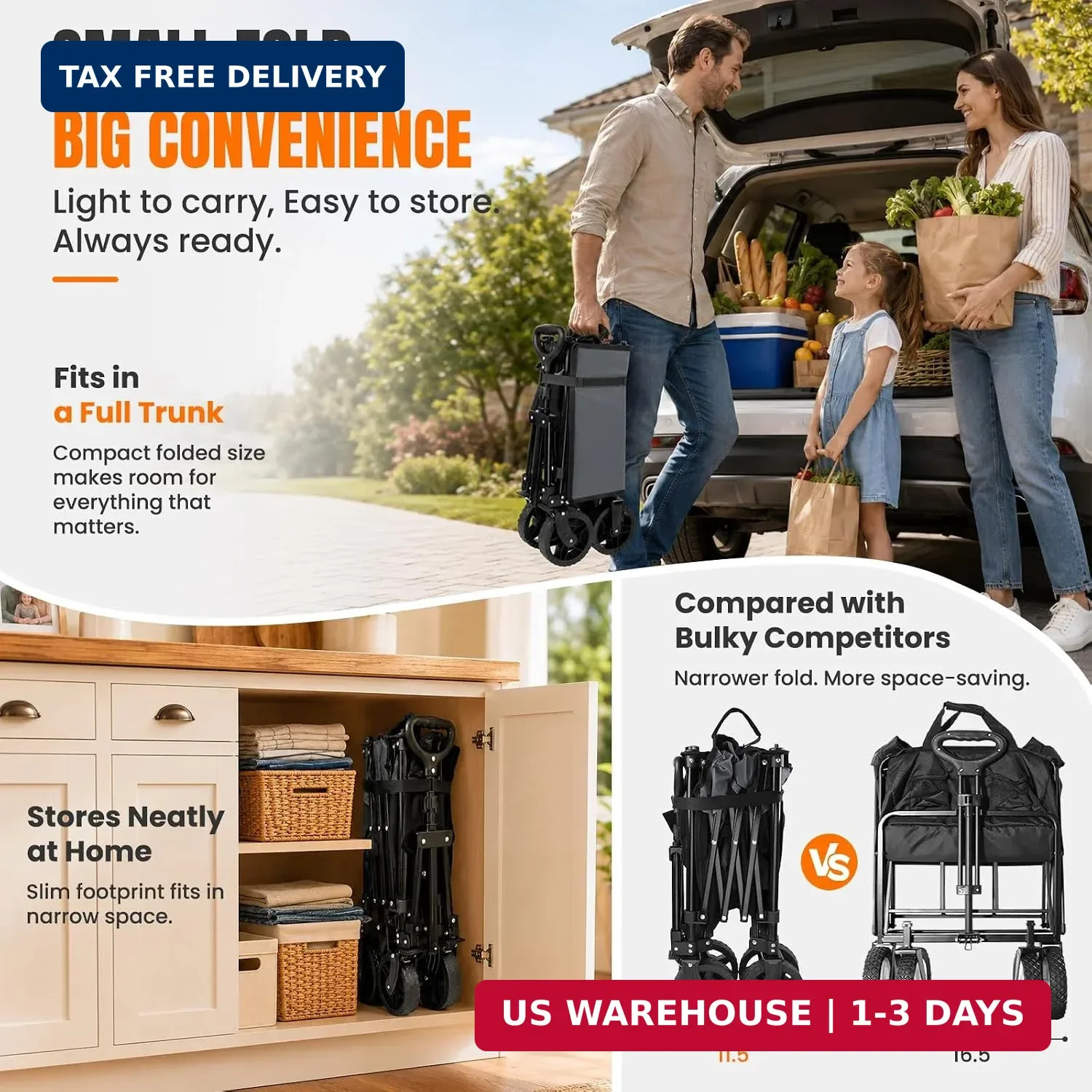 165L Collapsible Folding Wagon, Large Foldable Wagon with Silent All-Te