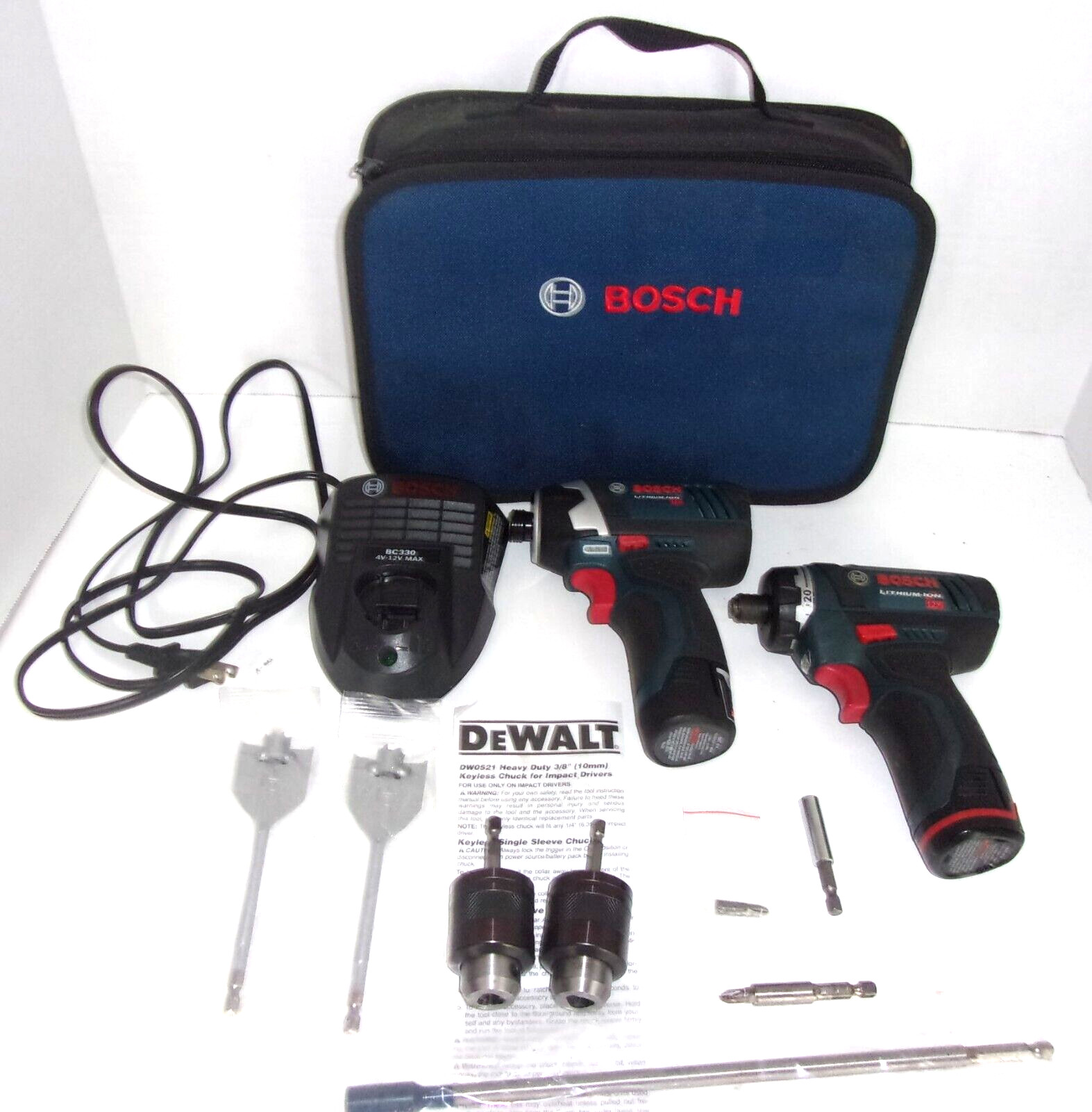 BOSCH 12V DRILL/IMPACT PS41/PS21 w/Batteries, Charger w/2 DeWalt Chucks DW0521