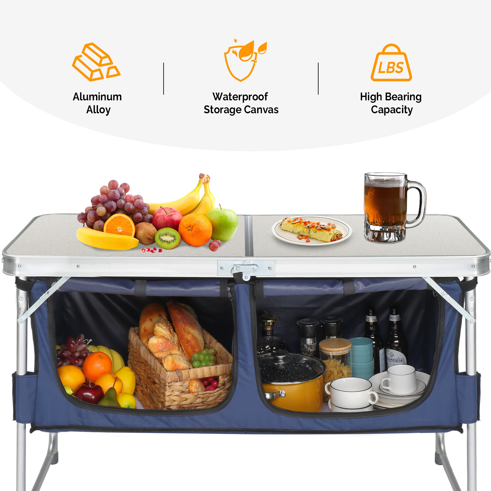 4ft Portable Camping Table with Oxford Storage Organizer 3-Height Adjustable NEW