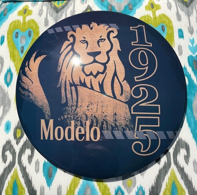 MODELO 1925 CERVEZA BEER  METAL DOME SIGN 16.5 BLUE WITH GOLDEN LION