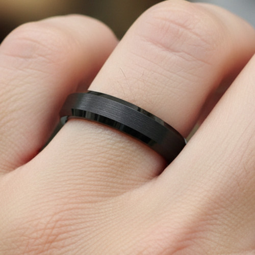4mm Black Tungsten Wedding Band, Brushed Center, Polished Beveled Ring