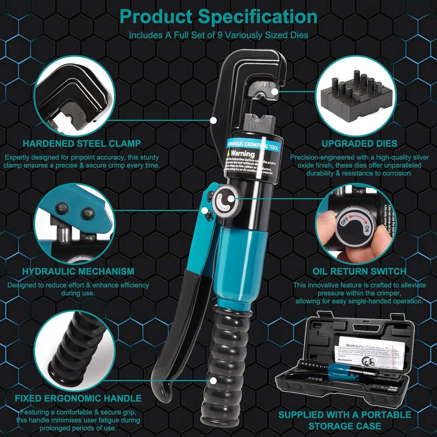 10 Tons Hydraulic Crimping Tool with 9 Dies - Battery Cable Crimper Tool & Wire